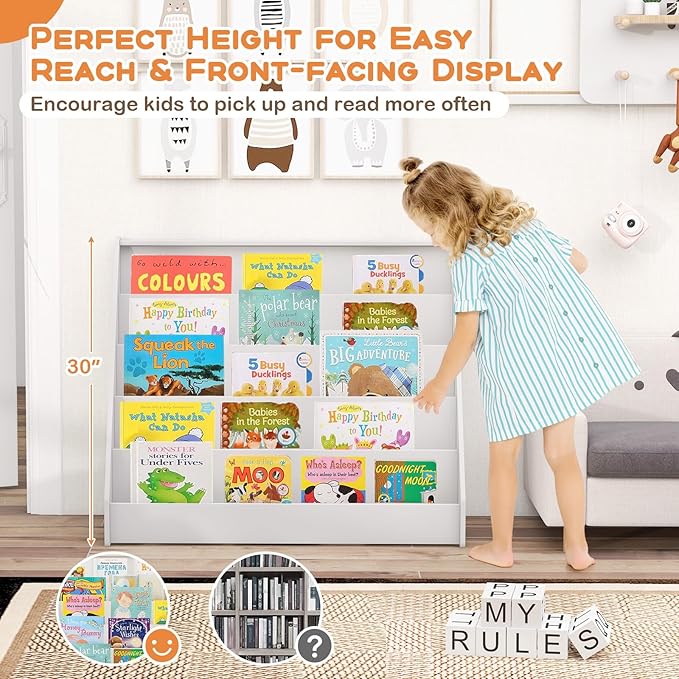 Costzon 5-Tier Kids Bookshelf, Wooden Children Bookcase, Toddler Book Rack, Magazine Storage & Display Shelf, Book Shelf for Kids Room, Living Room, Nursery, Classroom (White)-NeatNest