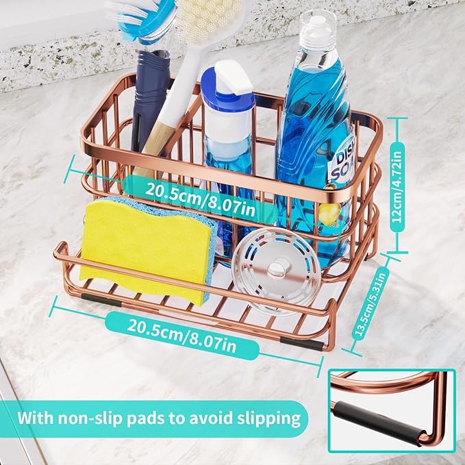 HapiRm Multifunctional Kitchen Sink Organizer, Large Sink Caddy with Drain Tray, SUS304 Stainless Steel Rustproof Sponge Holder for Kitchen Countertop - Rose Gold