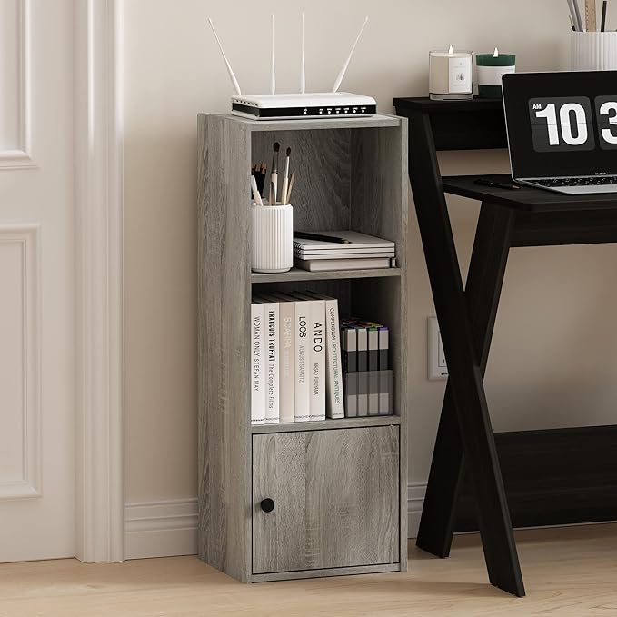 Furinno Luder Shelf Bookcase with 1 Door Storage Cabinet, French Oak-NeatNest
