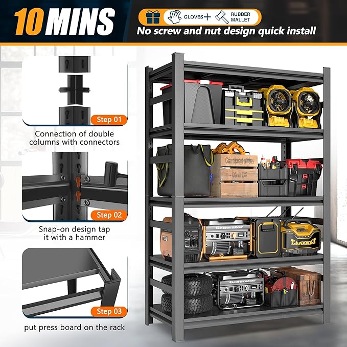 Heavy Duty Commercial Metal Garage Shelving Rack,Adjustable Industrial Steel Storage Shelves for Warehouse, Garage, Basement, 87" H x 47.2" W x 23.6" D, Black-NeatNest