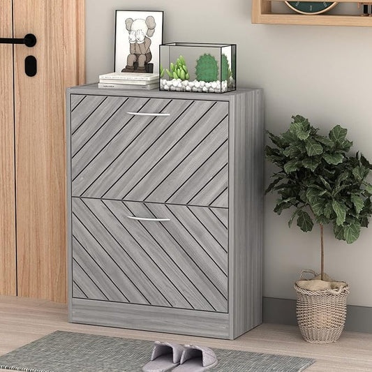 Homsee Modern Shoe Storage Cabinet with 2 Flip Drawers & Twill Louver Doors, Wood 2-Tier Shoe Rack Storage Organizer for Entryway, Hallway & Bedroom, Grey (22.4”L x 9.4”W x 29.5”H)-NeatNest