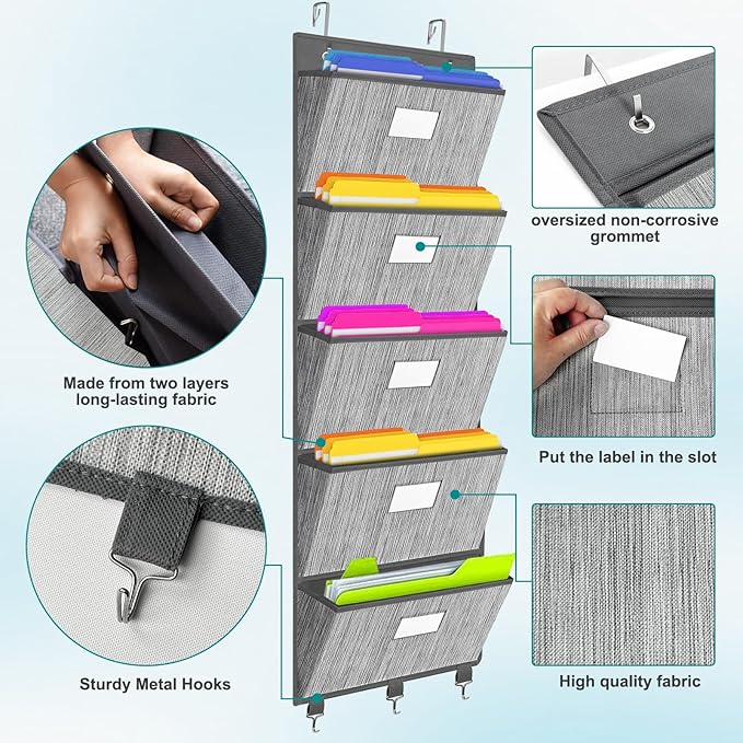 homyfort Over the Door File Organizer, Hanging File Folders, Wall Organizers and Storage for Mail, Magazine, Notebooks, Planners, Office, Classroom, 5 Extra Large Pockets, 50.39” Tall (Grey)-NeatNest