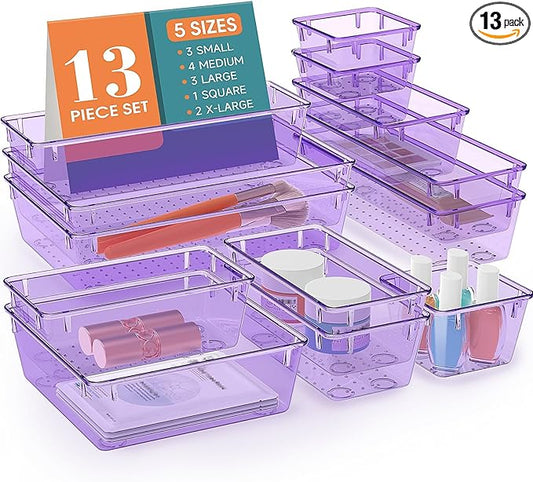 13 PCS Drawer Organizer Set, 5 Varied Size Bathroom and kitchen Drawer cabinet organizer Trays, Clear Storage Bins for Makeup, Jewelry, Utensils and Gadgets, Purple-NeatNest