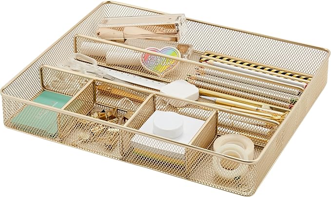 Annova Desk Top Organizer Tray for Office Organization - Metal Mesh - Storage Tray with Dividers for Pens, Desktop Accessories, Bathroom, Kitchen, Makeup and Office Supplies (Large, Gold)-NeatNest