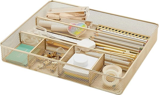 Annova Desk Top Organizer Tray for Office Organization - Metal Mesh - Storage Tray with Dividers for Pens, Desktop Accessories, Bathroom, Kitchen, Makeup and Office Supplies (Large, Gold)-NeatNest