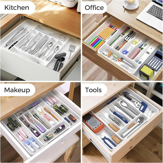Extra Large Expandable Silverware Organizer, BPA-Free Food-Safe Cutlery Flatware Organizer, Kitchen Utensil Drawer Organizer, Adjustable Silverware Holder for Spoons Forks Knives, White-NeatNest