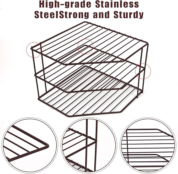 3-Tier Corner Shelf Counter and Cabinet Organizer - Steel Metal Wire - Rust Resistant - Plates, Dishes, Cabinet & Pantry Organizer - Kitchen Organization (10 x 7.5 Inch)(Black)
