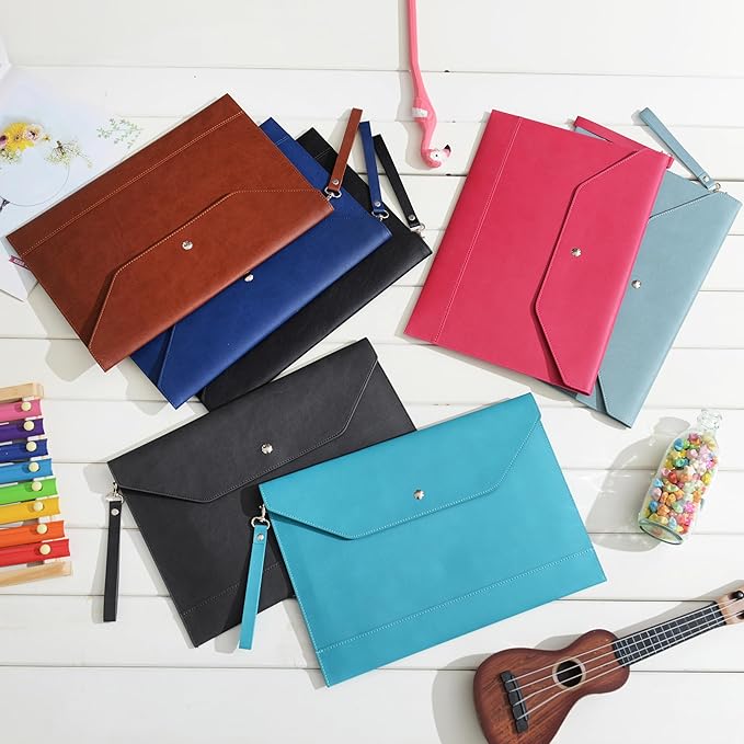 Wonderpool Envelope Case A4 PU Leather File Jacket Pocket Folder Document Case Bag with Removable Hand Strap and 4 Pocket for Documents Tablet Phone Stationery (Cyan)