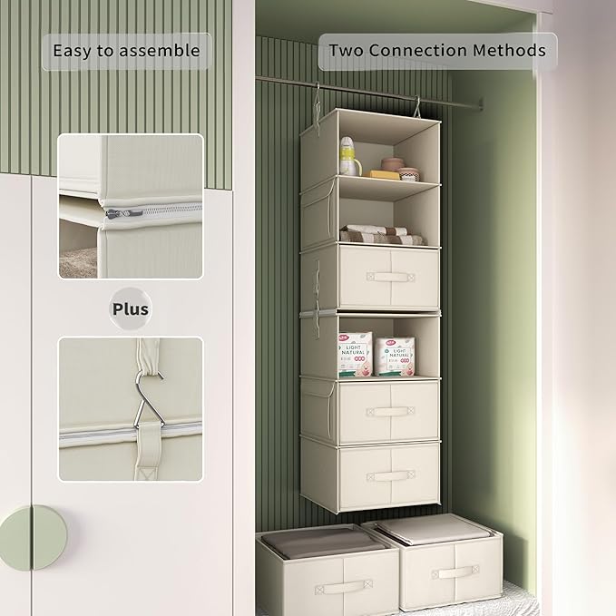 Vailando 6-Shelf Hanging Closet Organizer, 2 Separable 3-Shelf Hanging Shelves with 3 Drawers for Wardrobe, Nursery, Baby Clothes Organization and Storage, Beige-NeatNest