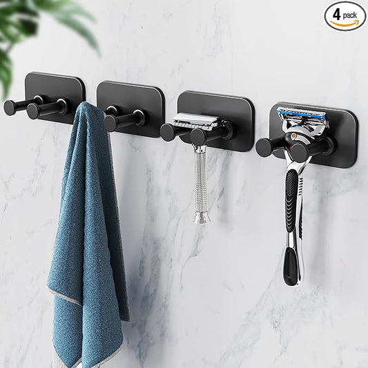 Adhesive Shower Hooks for Bathroom - Heavy Duty Hooks for Towel, Shaver, Robe and Loofah, Razor Holder, Wall Mounted, Black, 4 Pack