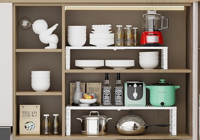 Expandable Adjustable Stackable Kitchen Organizer, Spice Rack,Metal Pantry Storage Shelves Racks,Counter Shelf for Cabinets, Countertop, Cupboard(3 Packs/Large/White)-NeatNest