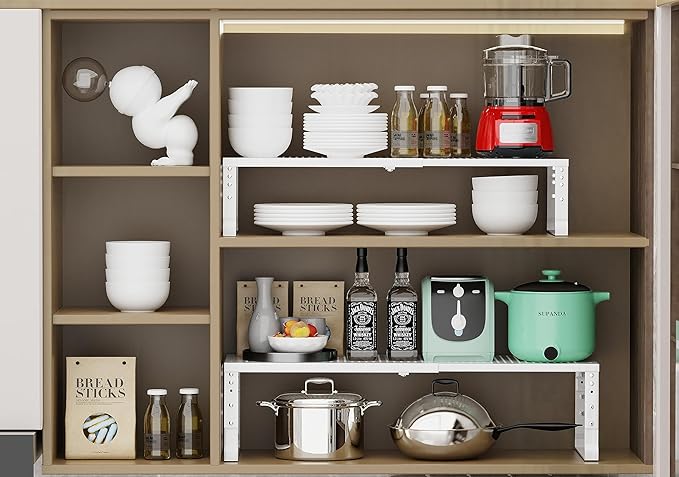 Expandable Adjustable Stackable Kitchen Organizer, Spice Rack,Metal Pantry Storage Shelves Racks,Counter Shelf for Cabinets, Countertop, Cupboard(2 Packs/Large/White)-NeatNest