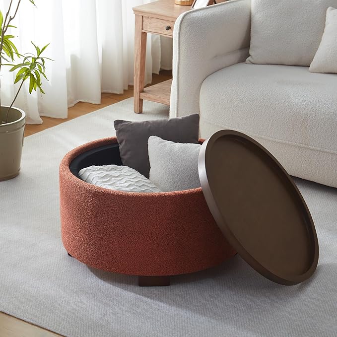30 Inch Round Storage Ottoman Coffee Table, Modern Boucle Ottoman with Lift-Off Lid and Solid Wood Legs for Living Room, Bedroom, Corners, Apartments (Orange)