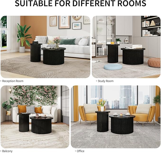 Nesting Round Coffee Table Set of 2,Modern Side Tables Accent End Table for Living Room, Apartment, Black