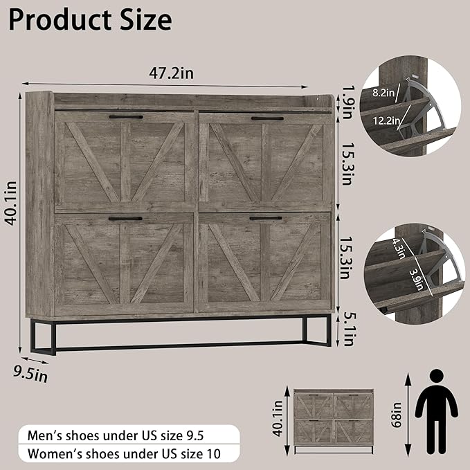 Hidden Shoe Storage Cabinets with 4 Flip Drawers and Metal Legs, Freestanding Narrow Shoe Organizer Rack for Entryway, Rustic Gery-NeatNest