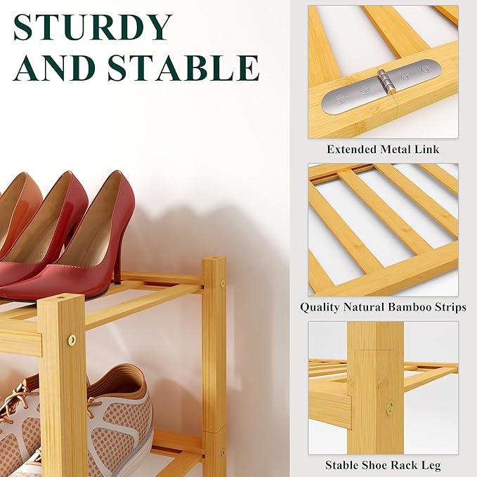 Smiry Shoe Rack, 2 Tier Bamboo Shoe Organizer, Stackable Free Standing Wooden Shoe Storage Shelf for Closet, Entryway, Front Door Entrance, Natural-NeatNest