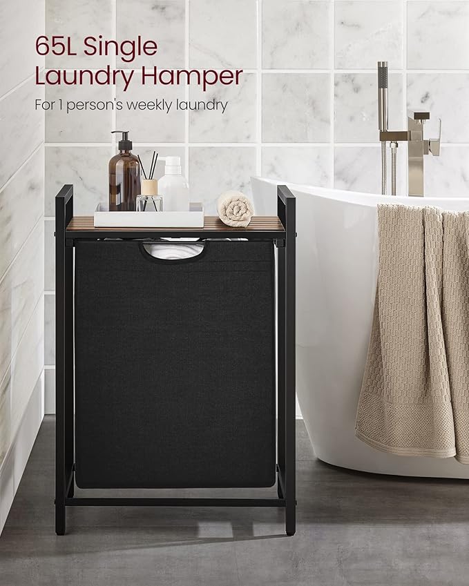 VASAGLE Laundry Hamper, Laundry Basket, Laundry Sorter with A Pull-Out and Removable Bag, Shelf, Metal Frame, 17.2 Gallons (65 L), 19.7 x 13 x 28.4 Inches, Black and Rustic Brown UBLH101B01-NeatNest
