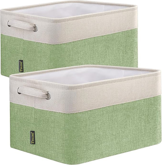 BALEINE 2 Pack Fabric Storage Bins for Shelves, Linen Storage Baskets for Organizing, Decorative Closet Bins for Clothes, Home (Green, 12"x8"x8")-NeatNest