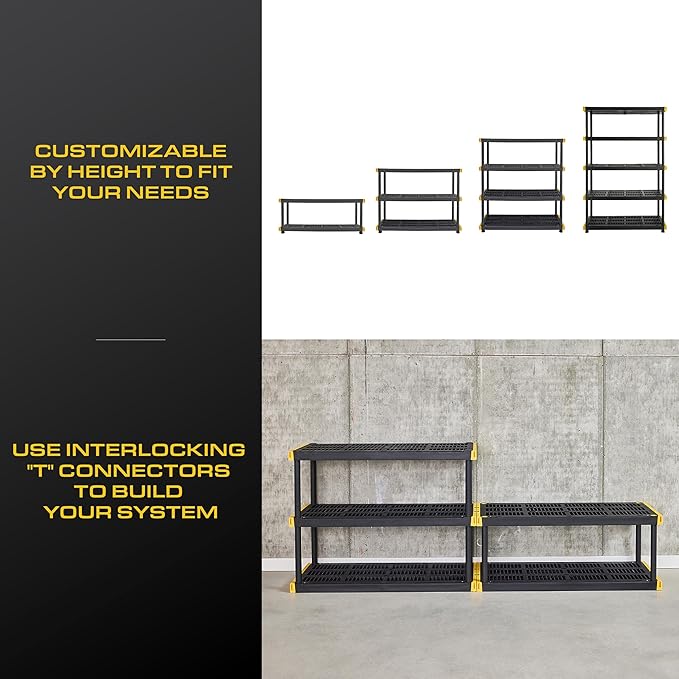 CX Black & Yellow®, 5-Tier Heavy Duty Plastic Storage Shelving Unit, 200lbs/shelf (72”H x 48”W x 20”D), for Indoor/Outdoor Organization, Modular Rack-NeatNest