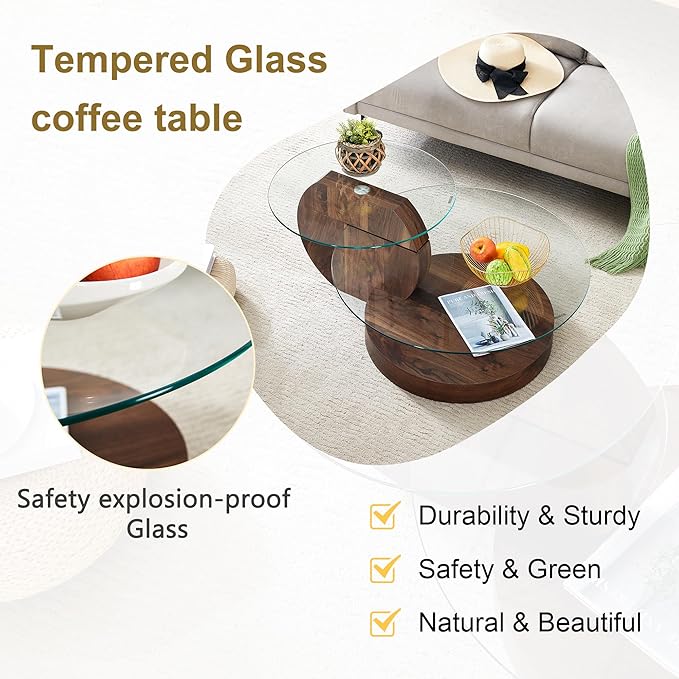 Glass Coffee Tables for Living Room Round Coffee Tables Modern Double Layer Round Table Circle Coffee Table for Small Space Home Office (42 Inch Dark Brown)