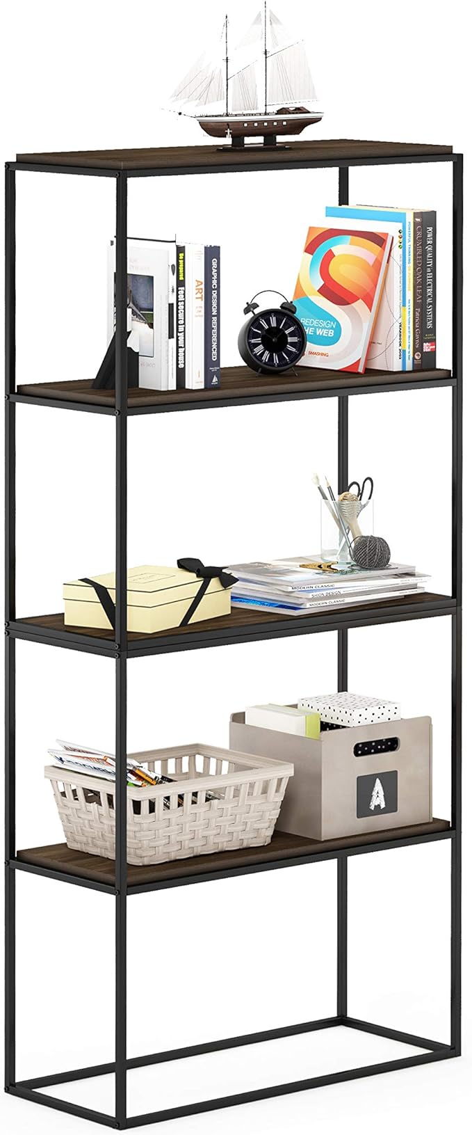 Furinno Moretti Modern Wide Stackable Metal Shelf, Columbia Walnut-NeatNest