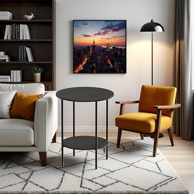 Side Table,Round End Table with 2 Storage Shelves| Compact Side Tables for Living Room, Couch, Office & Bedroom | Narrow Accent Table as Space-Saving Small Bedside Table 18x18x22in(Black)