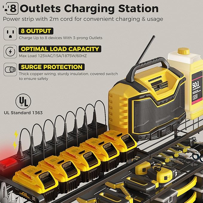 2 Pack Power Tool Organizer Wall Mount with Charging Station, 8 Outlet Power Strip & 4 Layers Storage Rack with 8 Drill Holders for Cordless Tools, Heavy Duty Utility Racks for Garage Workshop
