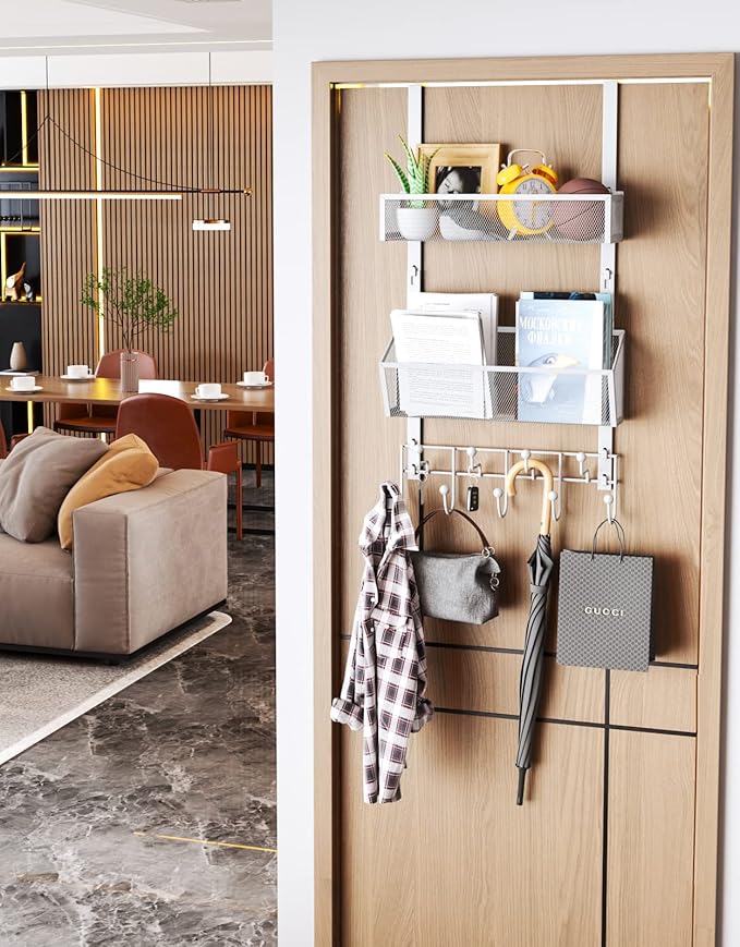 HapiRm Over Door Hook with 2 Mesh Baskets and 9 Hooks, 304 Stainless Steel No Drilling Over The Door Hanger, Storage Organizer for Bathroom, Kitchen, Bedroom-White (for 1.57in Doors)