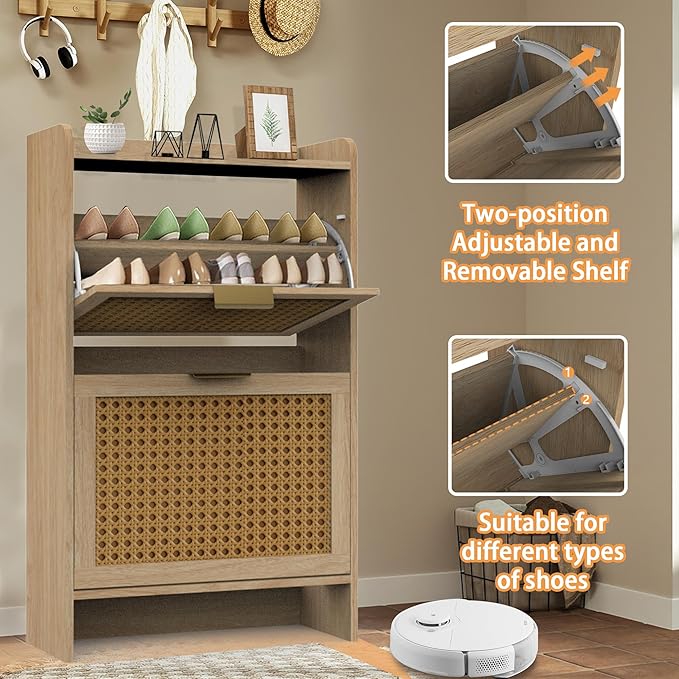Hidden Shoe Storage Cabinets with 2 Flip Drawers and Wood Legs, Freestanding Narrow Shoe Organizer Rack for Entryway, Natural-NeatNest