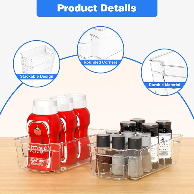 Clear Refrigerator Storage Bins, 8-Piece Set, Stackable Kitchen Organizer Containers for Fridge and Pantry (Clear 8 Pack-12.4"*6.1"*3.4")-NeatNest
