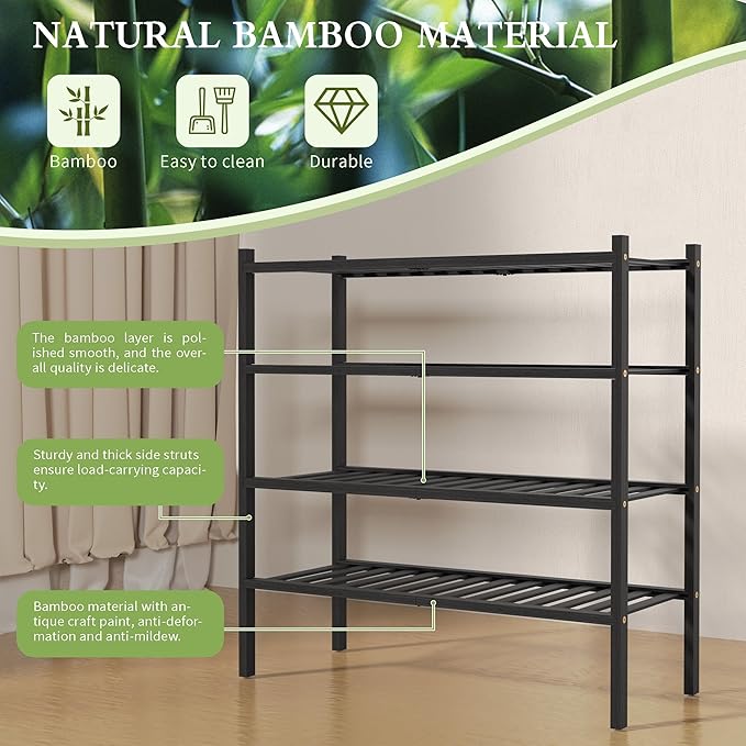 4 Tier Bamboo Shoe Rack for Closet Free Standing Wood Shoe Shelf for Entryway Small Space Stackable 27"x11"x26" (Black)-NeatNest