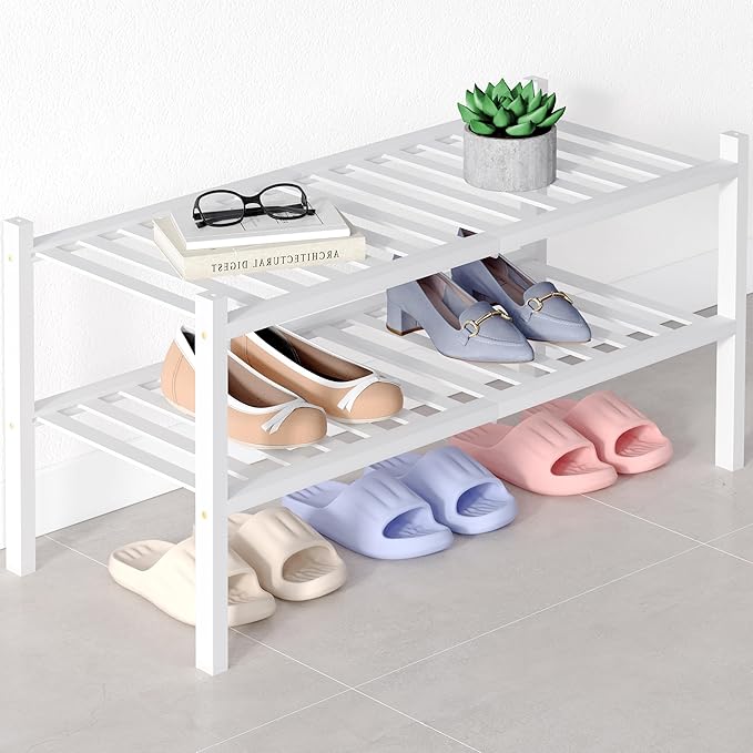 Smiry Bamboo Shoe Rack for Closet, 2 Tier Wooden Stackable Shoe Organizer, Free Standing Shoes Storage Shelf for Entryway, Front Door Entrance, White-NeatNest