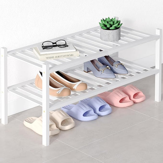 Smiry Bamboo Shoe Rack for Closet, 2 Tier Wooden Stackable Shoe Organizer, Free Standing Shoes Storage Shelf for Entryway, Front Door Entrance, White-NeatNest