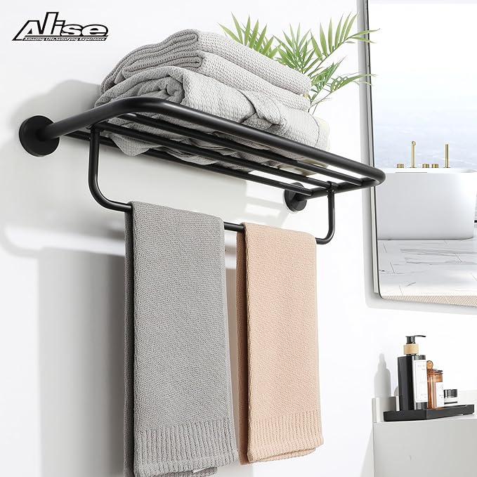 Alise 24 Inch Towel Racks for Bathroom, Foldable Towel Hanger Towel Shelf with Tower Bar, Heavy Duty Towel Holder, SUS 304 Stainless Steel Wall Mount Towel Rail, Matte Black