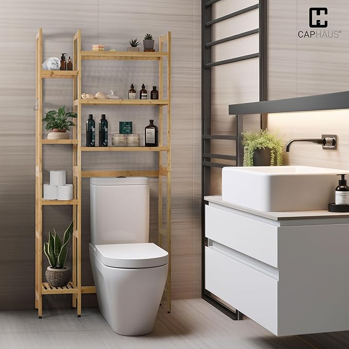 CAPHAUS Over The Toilet Storage Shelf,7-Tier Bamboo Bathroom Organizer Shelf Rack Over Toilet with Adjustable Feet & Hooks, Freestanding Toilet Shelf for Bathroom Laundry Balcony Plant Stand,Natural-NeatNest