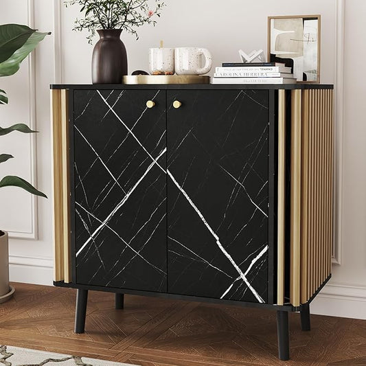 Fluted Storage Cabinet, Modern Marble Texture Accent Buffet Cabinet with Fluted Wood Strips, Side Cabinets with 2 Doors & Adjustable Partitions for Kitchen, Living Room, Black