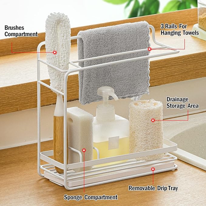 Poeland Sponge Holder with Drain Pan, Kitchen Sink Caddy Organizer for Sponge Brush Soap Dish Dishcloth Rack (Large Size)