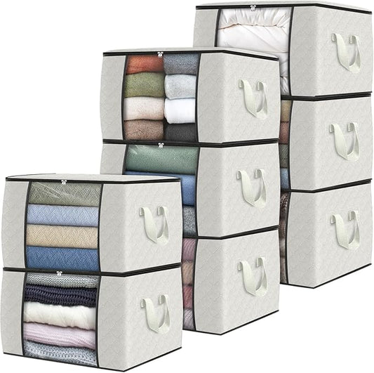 Fab totes 8 Pack Clothes Storage, Foldable Thick Fabric Blanket Storage Bags, Containers for Organizing Bedroom, Closet, Clothing, Comforter,Organization with Handle,Ivory White-NeatNest
