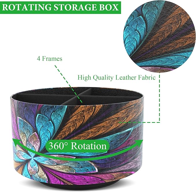 Hennaja Round Leather Art Supply Organizer,Remote Control Holder,360 Degree Rotating,Multi-Functional Pencil Holder,4 Compartments Desktop Stationary Organizer(1-Fractal Flower)-NeatNest