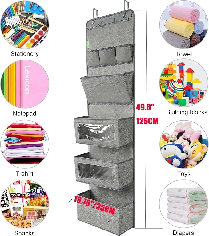 VICTORICH All-IN-ONE Over the Door Organizer, Super Behind the Door Storage Organizer with Door Rack and Large Clear Windows, Wall File Organizer, Hanging Organizer (New Linen Gray)