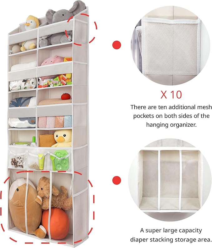 Extra Large Over The Door Organizer with Clear Pockets - 8 Compartments & XL Bottom Storage, Heavy-Duty Hanging Organizer for Bathroom, Bedroom, Closet (57 Inch Height). (Beige)