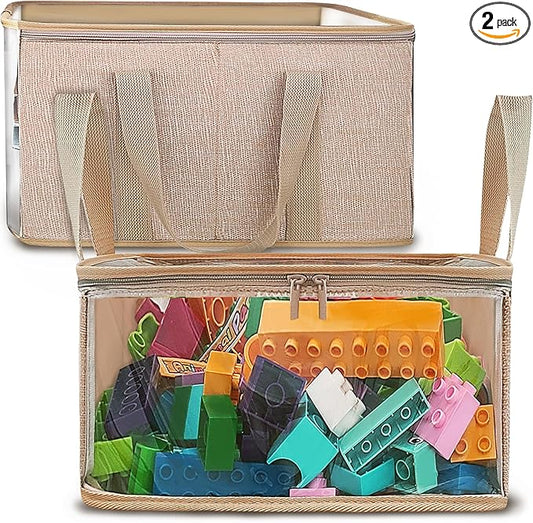 holay 2 Pack Storage Bins PVC Boxes with Transparent Lid & Handles - Durable & Foldable - Multi-Purpose Organizer for Clothes, Books, and More (Brown, Medium)-NeatNest