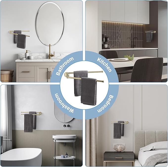 BGL Swivel Towel Bar for Bathroom Gold,Swing Out Double Towel Bar 2-Arm Kitchen Wall Mounted Towel Hanger Holder for Bathroom Organizer-NeatNest