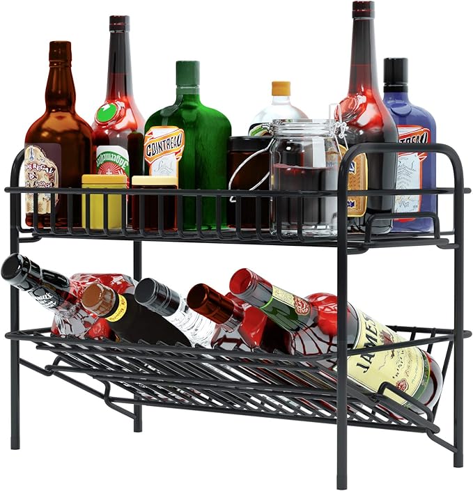 HengLiSam Spice Rack Organizer for Countertop, Heavy Duty Full Solid Metal Kitchen Shelves, 2 Tier Liquor Shelves Freestanding Holder Storage for Kitchen Cabinet Pantry Bottle Rack for Bathroom, Black-NeatNest