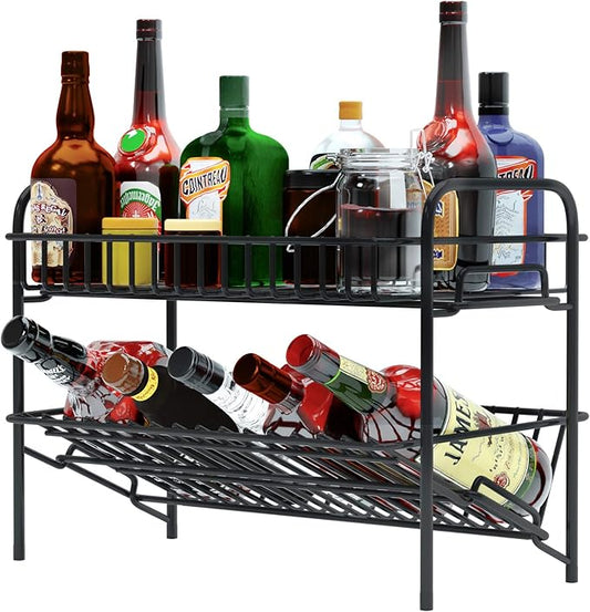 HengLiSam Spice Rack Organizer for Countertop, Heavy Duty Full Solid Metal Kitchen Shelves, 2 Tier Liquor Shelves Freestanding Holder Storage for Kitchen Cabinet Pantry Bottle Rack for Bathroom, Black-NeatNest
