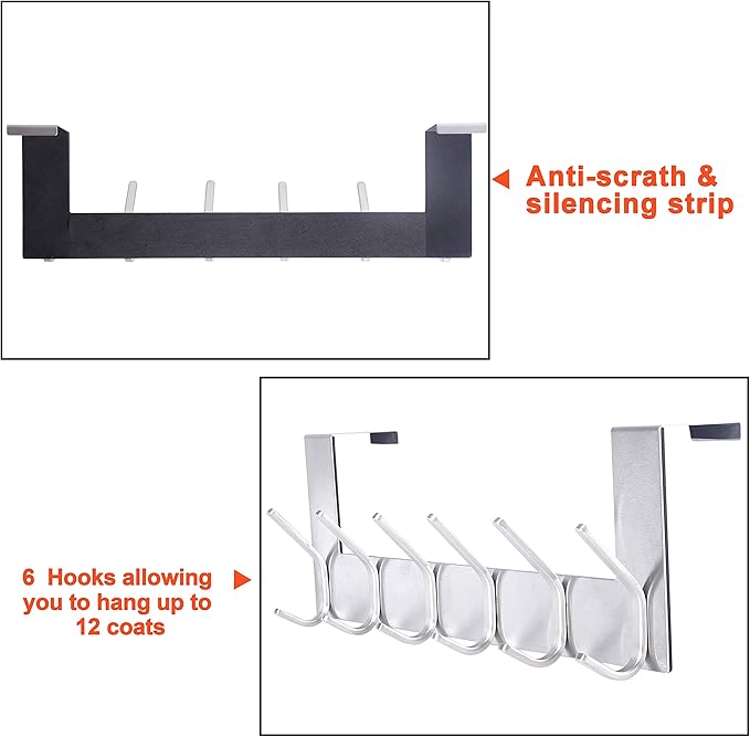 SKOLOO Over The Door Hook, Brushed Nickel, No Assembly Required, Door Coat Rack for Entryway, Over Door Towel Hooks for Bathroom, Coat Hooks for Hanging Coats, Backpack, Jacket, Robes, Pack of 2