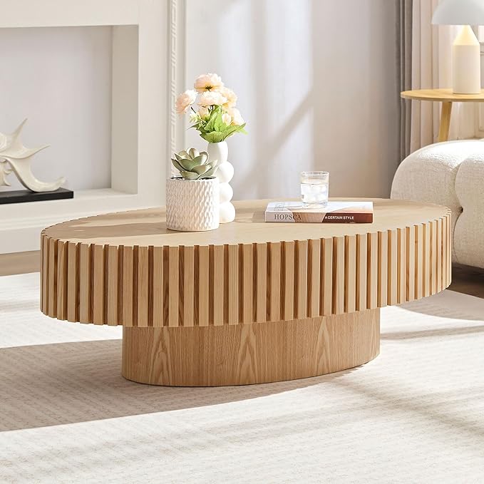 Coffee Table, 43.7 Inch Modern Handcraft Solid Wood Drum Oval Coffee Table for Living Room, Small Space, Office, Easy Assembly (Oak)-NeatNest