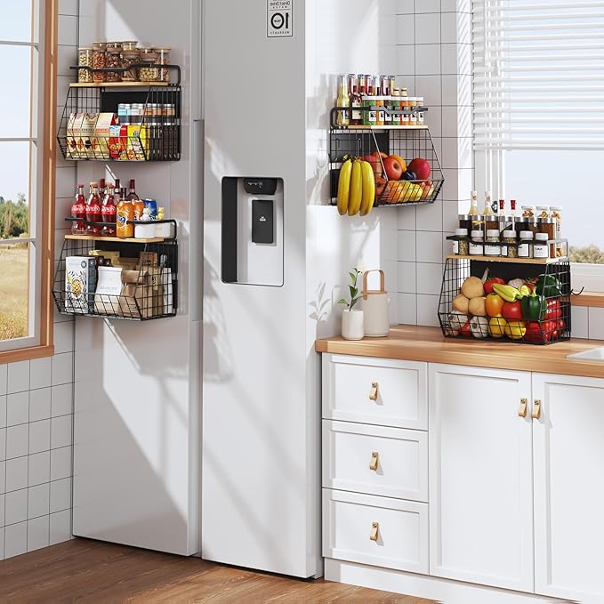 2 Pack Magnetic Shelf for Fridge with Wider & Thicker Magnet, Refrigerator Organizer Storage Basket for Fruit, Onion, Potato, Spice Rack, Kitchen, Laundry, Pantry (Black, 11.81" x 6.77" x 11.81")