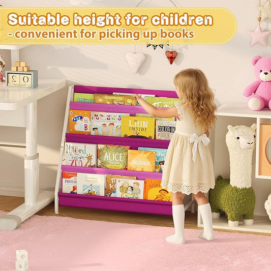 Book Shelf for Kids Rooms, Pink Montessori Bookshelf Nursery Book Shelves Toddler Children Bookshelf Metal Kid's Book Storage Organizer for Girls Room Furniture Playroom Kindergarten-NeatNest