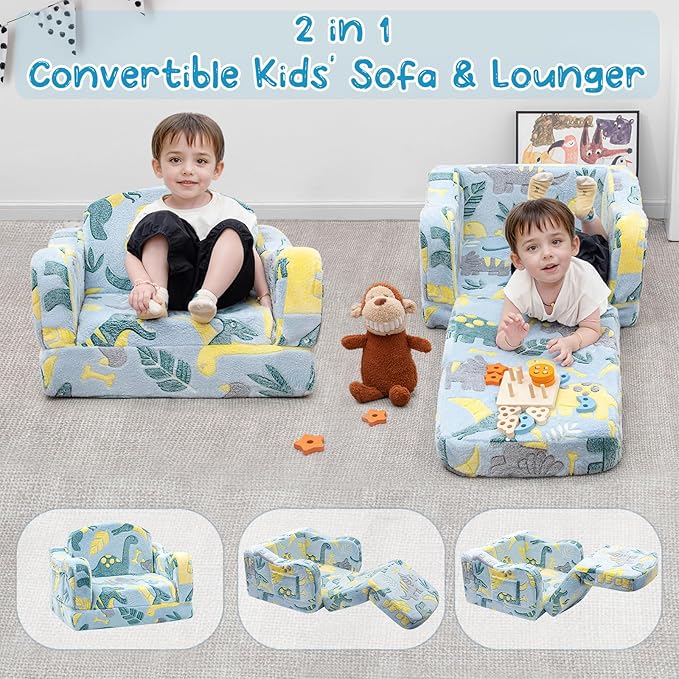 Comfy Toddler Chair and Couch for Kids with Blanket,2-in-1 Soft Plush Fold Out Toddler Couch for Girls and Boys,Convertible Sofa to Lounger for Playroom,Glowing Dinosaur-NeatNest